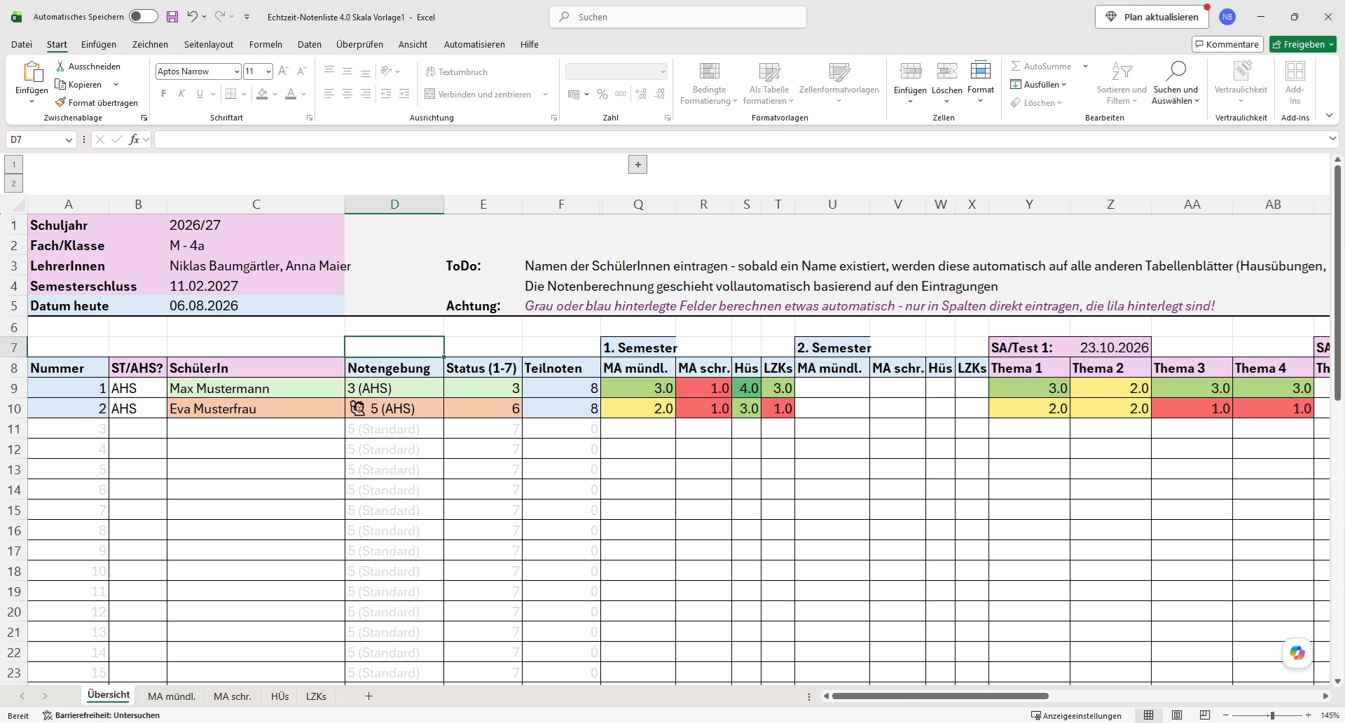 Excel Vorlage für Lehrer Screenshot